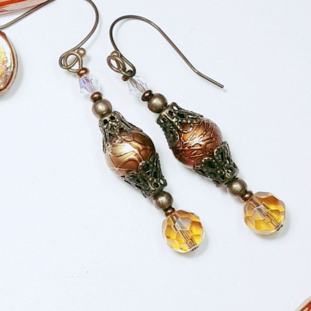 Yellow Crystal Antique.Bronze Hooks Hidden Meaning earrings Brooched , Gla  458■